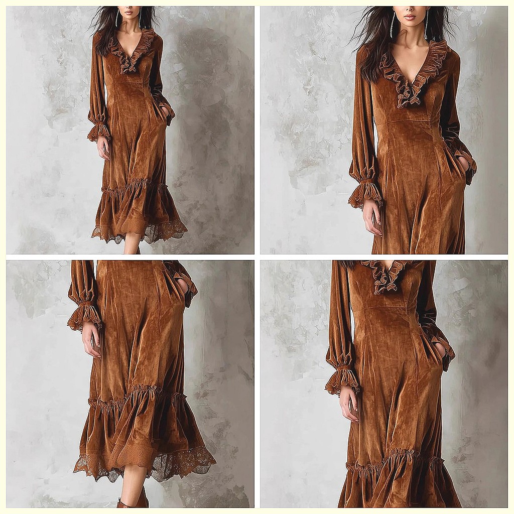 Vintage Velvet Maxi Dress V-Ne - Vintage Y2K avaliação e preço