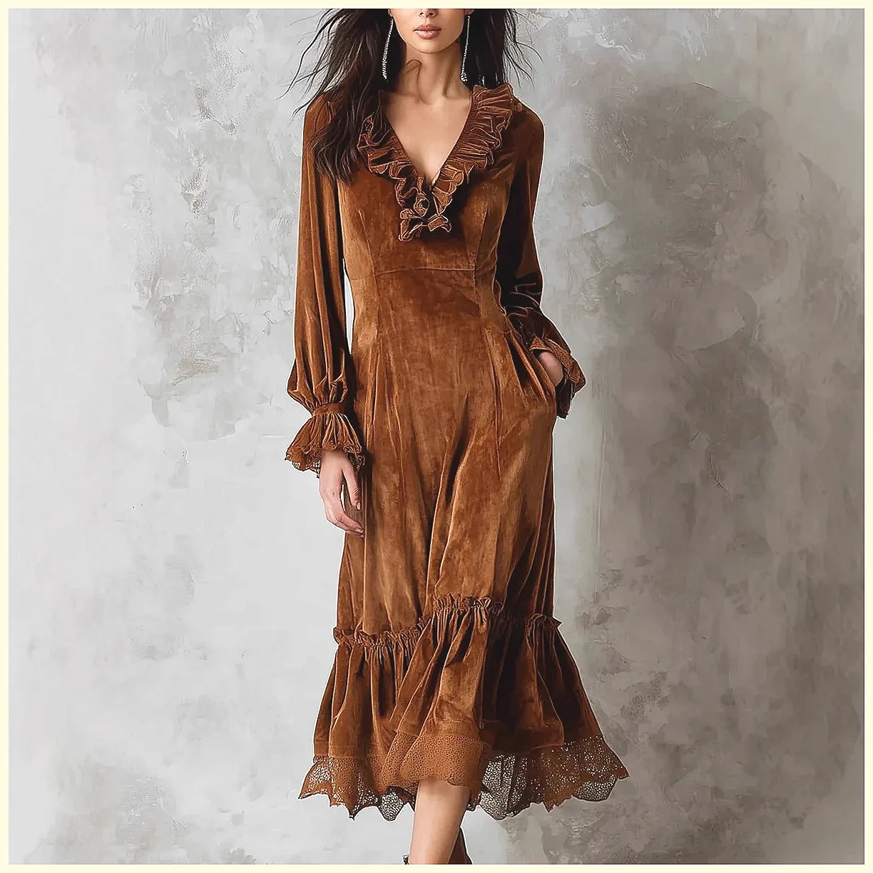 Vintage Velvet Maxi Dress V-Ne - Vintage Y2K avaliação e preço