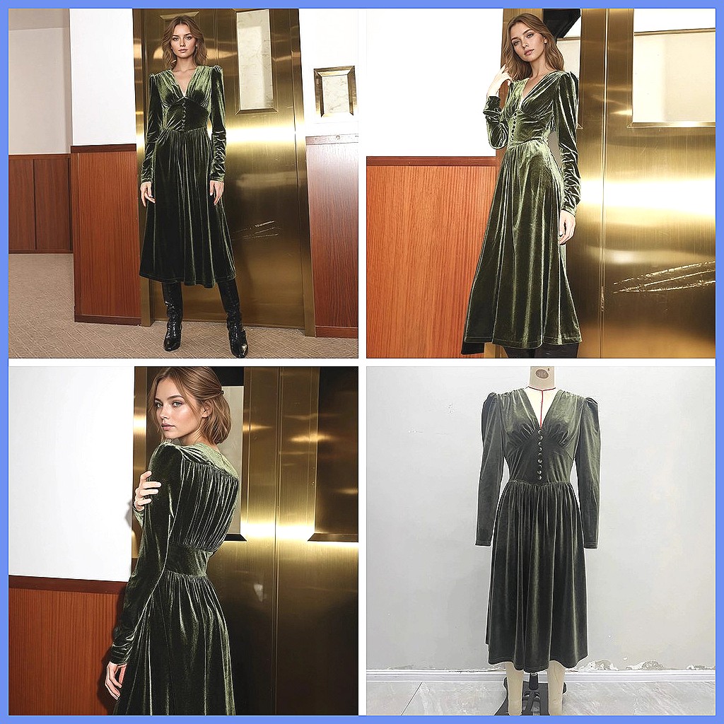 French Vintage Green Velvet V- - Vintage Y2K avaliação e preço