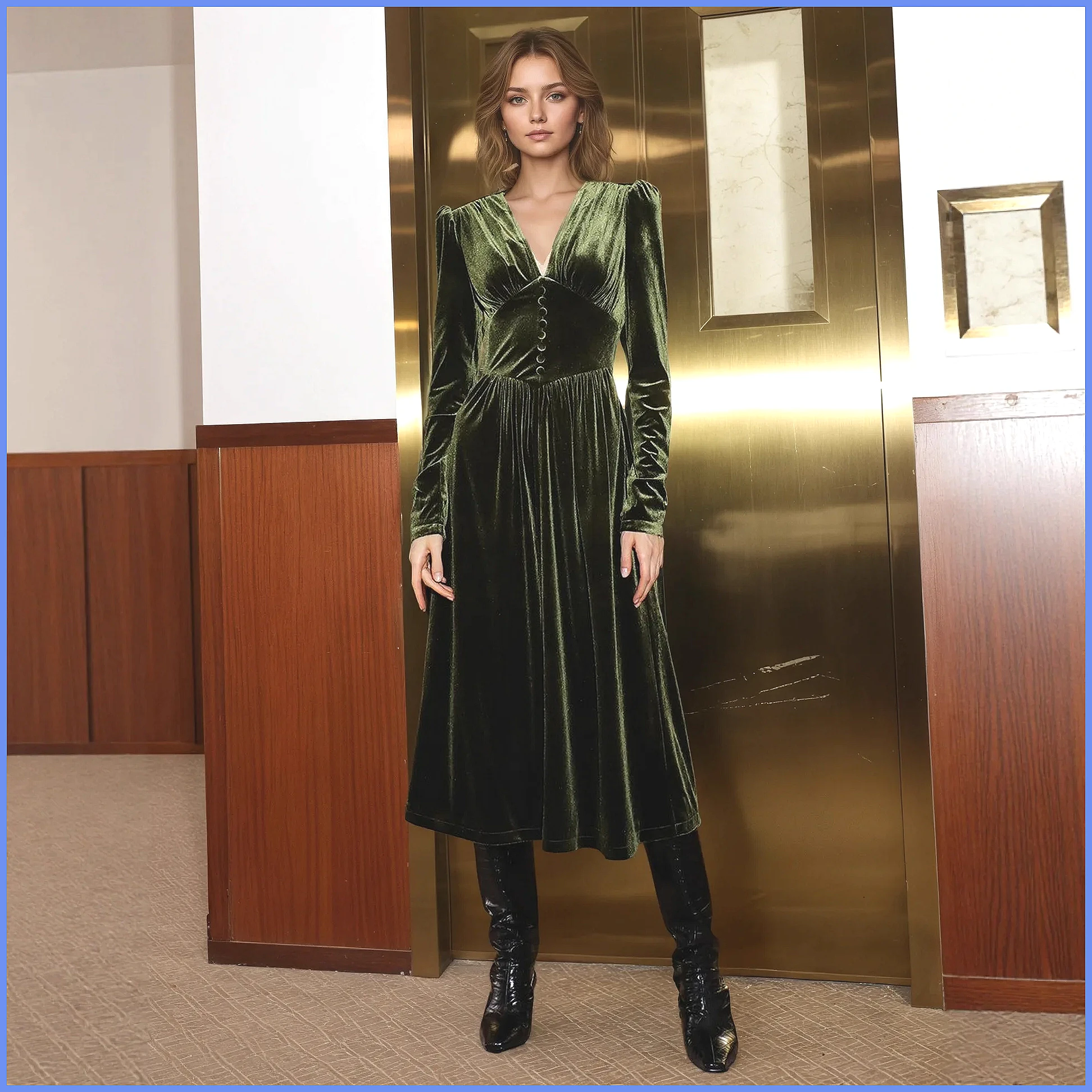 French Vintage Green Velvet V- - Vintage Y2K avaliação e preço