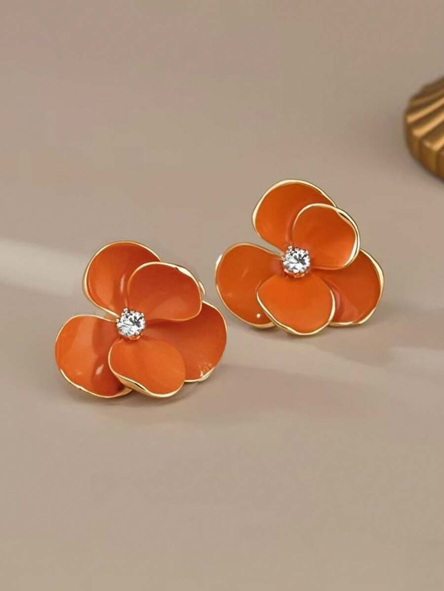 Orange Flower Stud Earrings Wi - Vintage Fashion Center avaliação e preço